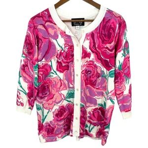 Bob Mackie Wearable Art Women's Floral Rose Print Button Up Cardigan Sweater